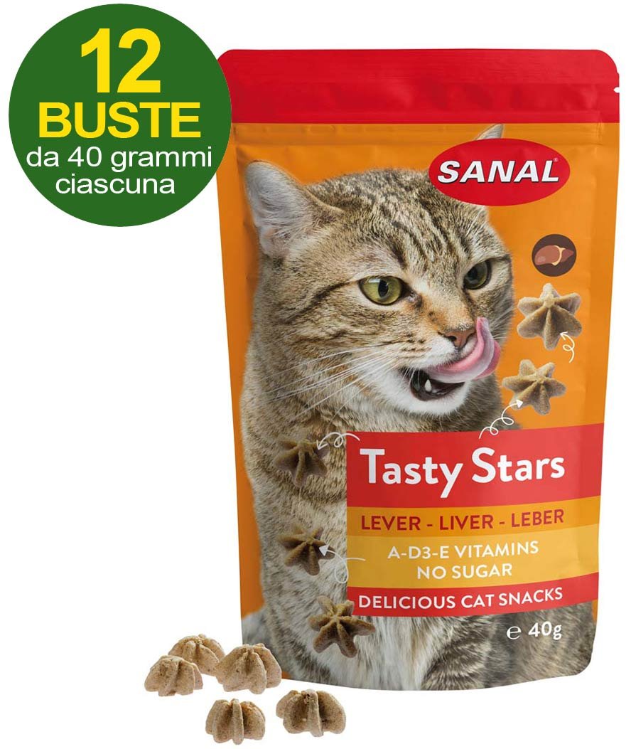 Snack Tasty Star al fegato ricco di vitamine per gatti 12 buste da 40g ciascuna