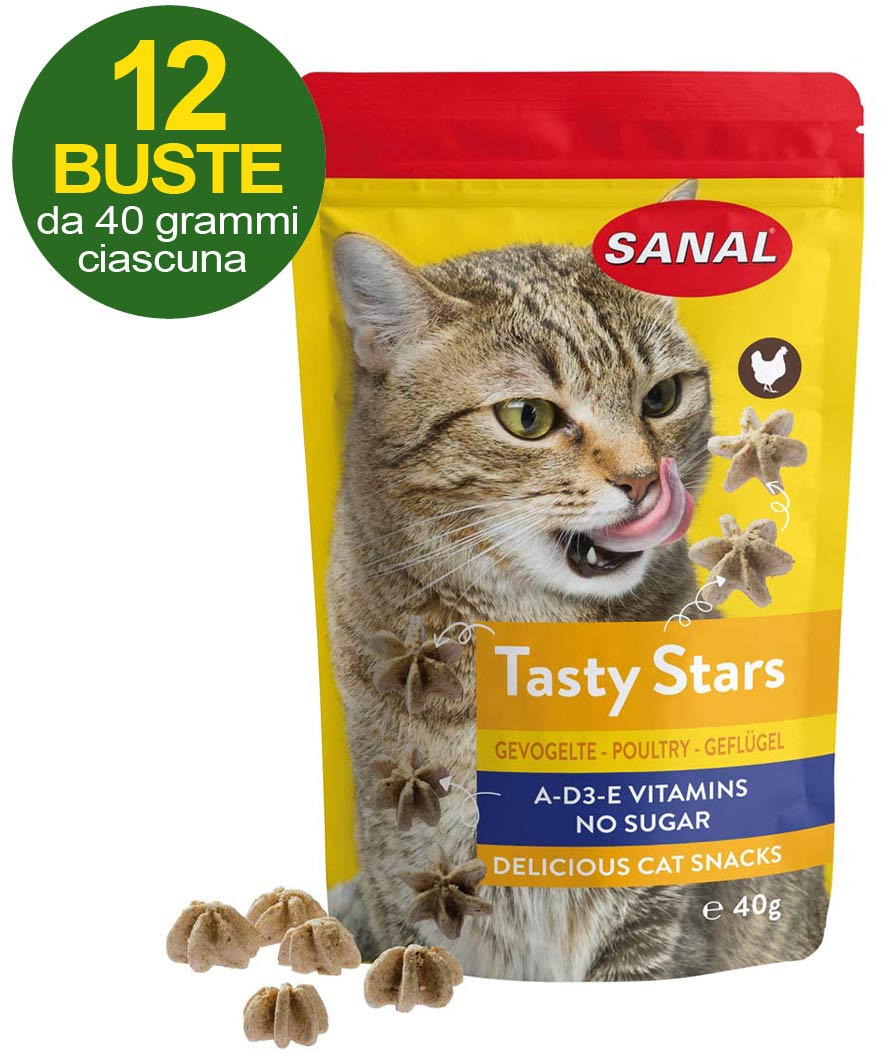 Snack Tasty Star al pollo ricco di vitamine per gatti 12 buste da 40g ciascuna