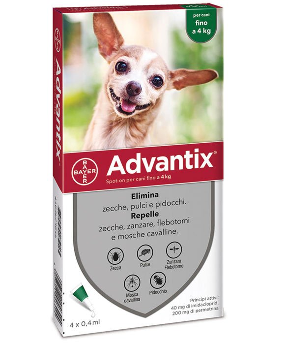 Advantix antiparassitario pulci, zecche, pidocchi per cani fino a 4 kg confezione 4 pipette