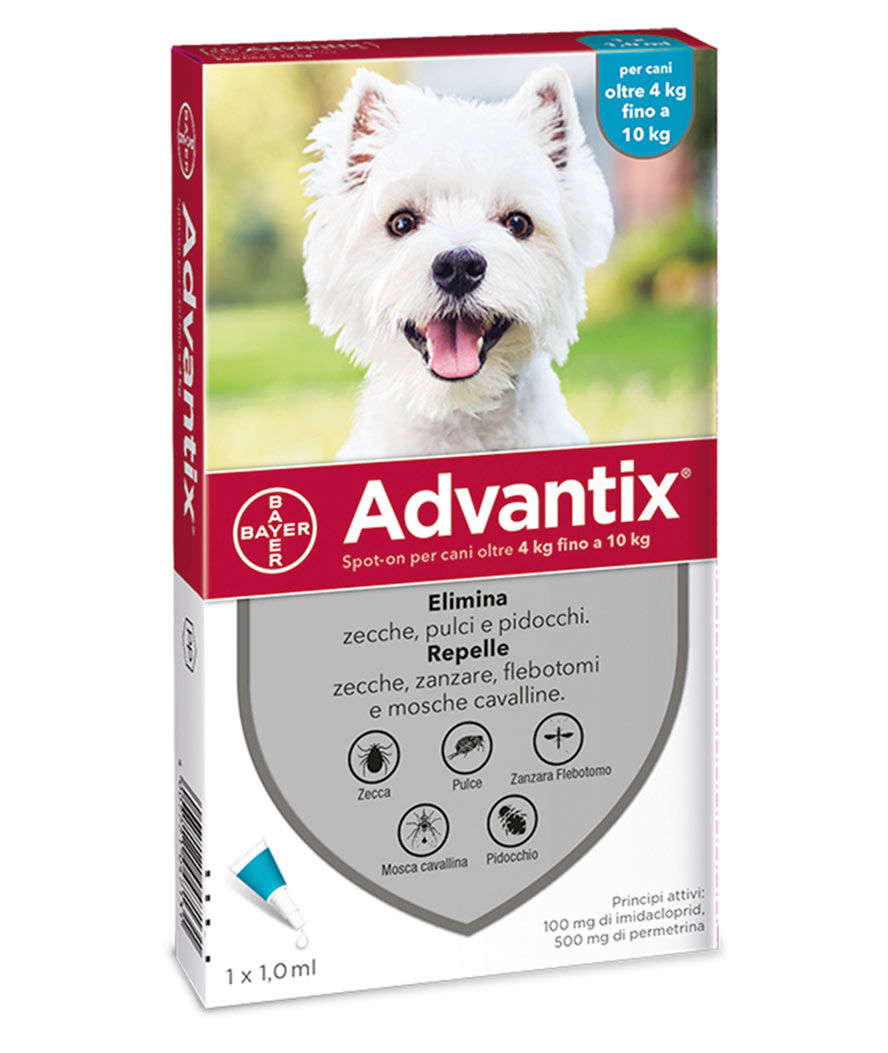 Advantix antiparassitario contro zecche, pulci e pidocchi per cani da 4 a 10 kg confezione 4 pipette