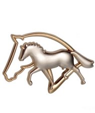 Spilla tridimensionale a soggetto equestre in metallo con placcatura lucida color oro e argento