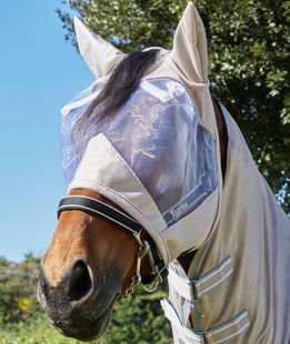Maschera antimosche in rete per cavalli con cuciture rivestite in pile