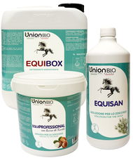 KIT SALVAGUARDIA del PIEDE CAVALLO: Equisan soluzione zoccolo 1L + Equiprofessional grasso zoccolo 1l + Equibox detergente ambiente da 5lt