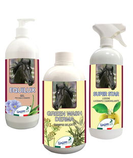 SET BELLEZZA NATURALE DEI CAVALLI 1 shampoo 500ml, 1 lucidante e districante 1l, 1 ristrutturante per coda e criniera sfibrata 1l